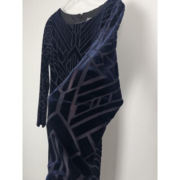 Vince Camuto Dress Womens 8 Navy Blue Velvet Geometric Sheath Long Sleeve Party - Picture 5 of 10